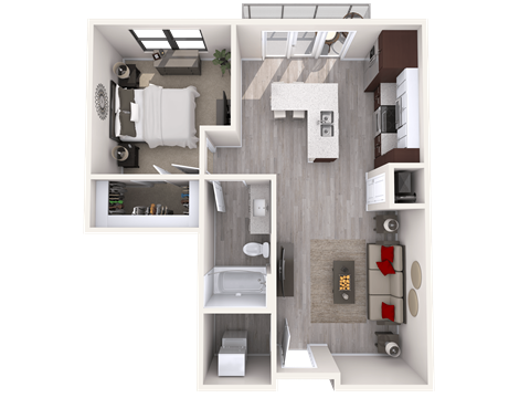 Floor plan for 1 bed, 1 bath, 708 sqft